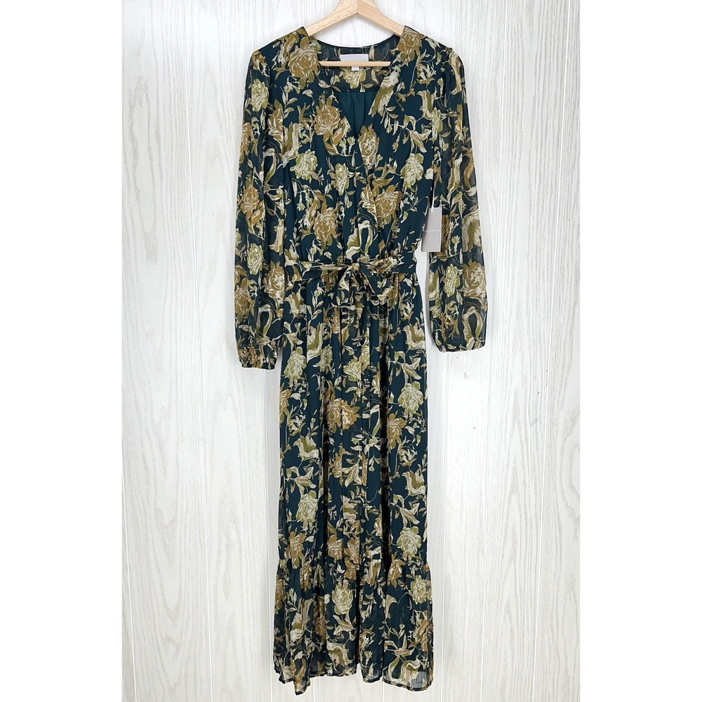 Chelsea28 Dress Womens Small Green Floral Long Sleeve V Neck Belted Midi Lined